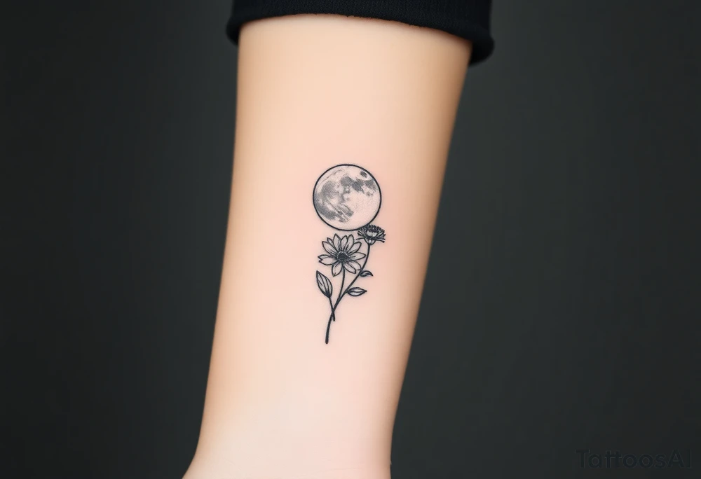 Small black ink minimalist tattoo with full moon, small chrysanthemum and tiny scorpio gliph tattoo idea