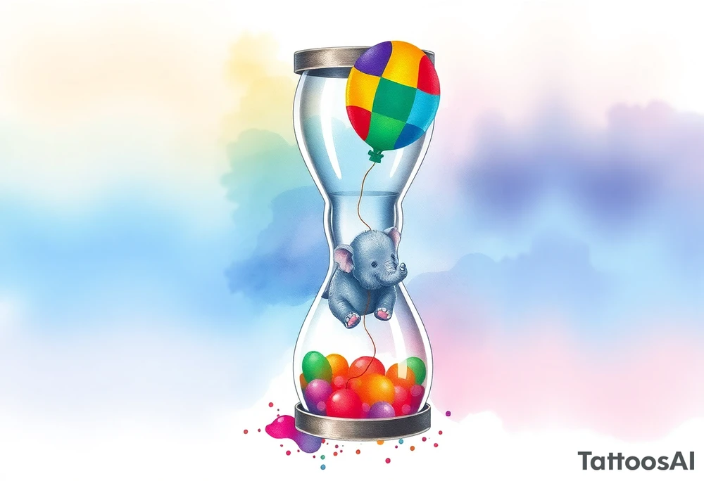 An hour glass with a Baby elephant inside and an autism balloon coming from the top of the hour glass. All around the hour glass would be a rainbow of water colors tattoo idea