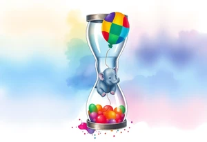 An hour glass with a Baby elephant inside and an autism balloon coming from the top of the hour glass. All around the hour glass would be a rainbow of water colors tattoo idea