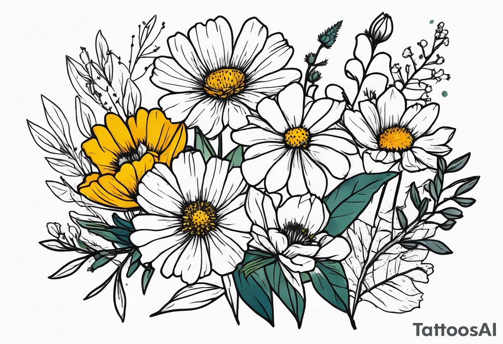 mixed wildflower bouquet detailed with color tattoo idea