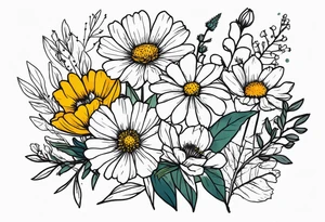mixed wildflower bouquet detailed with color tattoo idea