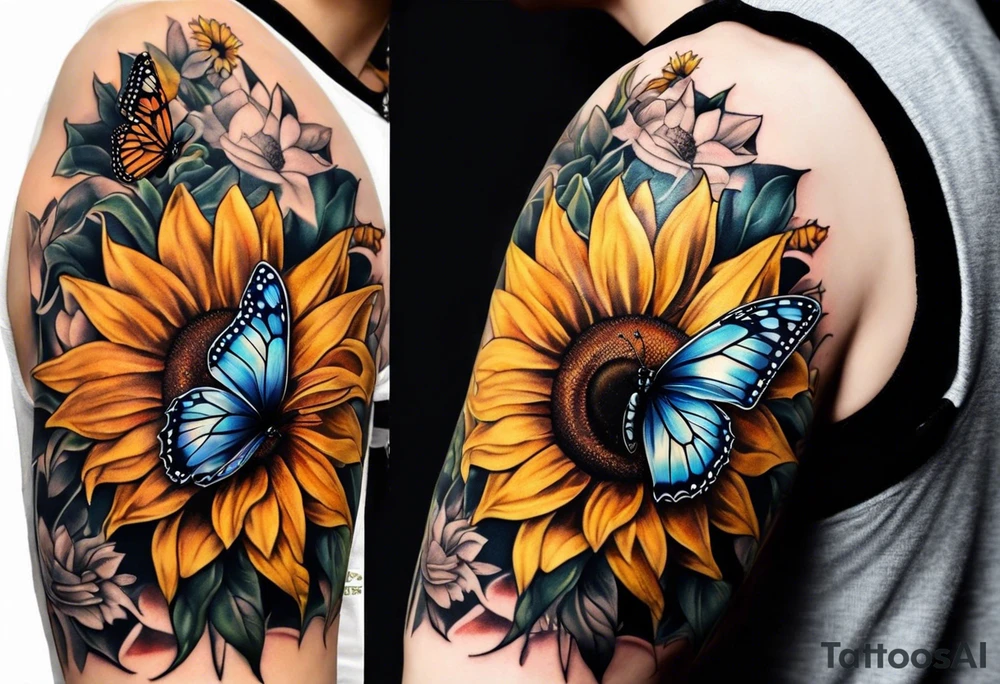 Sleeve with butterflies and sunflowers tattoo idea