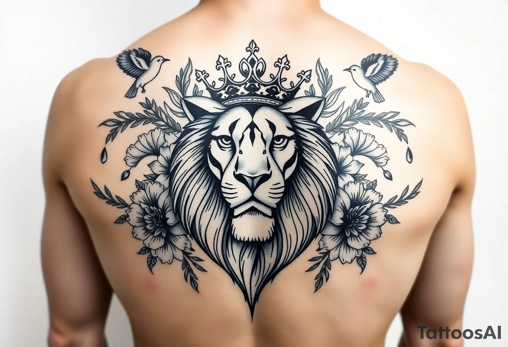 powerful majestic lion with a crown, surrounded by floral ornaments and birds tattoo idea
