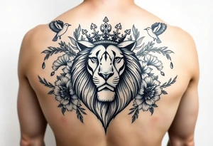 powerful majestic lion with a crown, surrounded by floral ornaments and birds tattoo idea