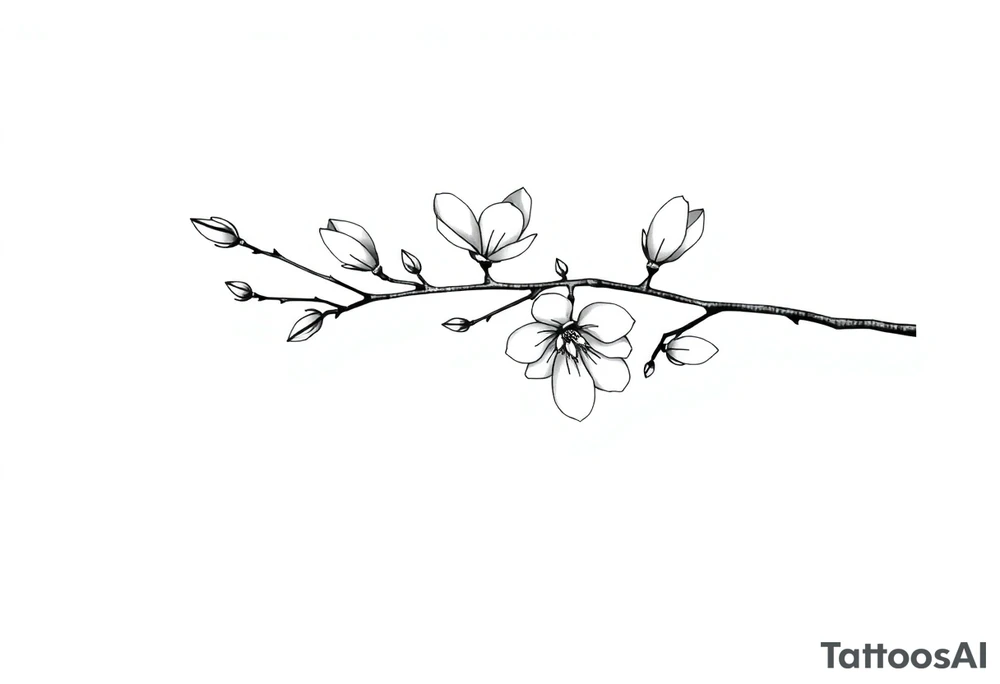 Magnolia branch long with different small almost closed flowers, with botanical details and dots tattoo idea