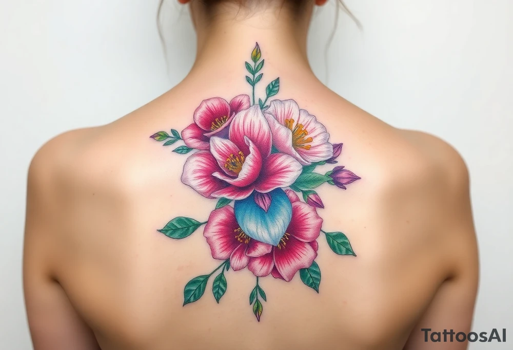 Coronation Astor Rose, Lily, Larkspur, watercolor flowers, middle of back clump together tattoo idea