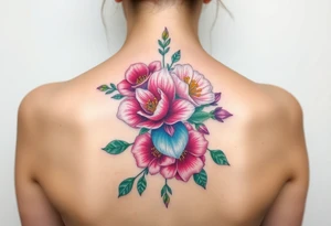 Coronation Astor Rose, Lily, Larkspur, watercolor flowers, middle of back clump together tattoo idea