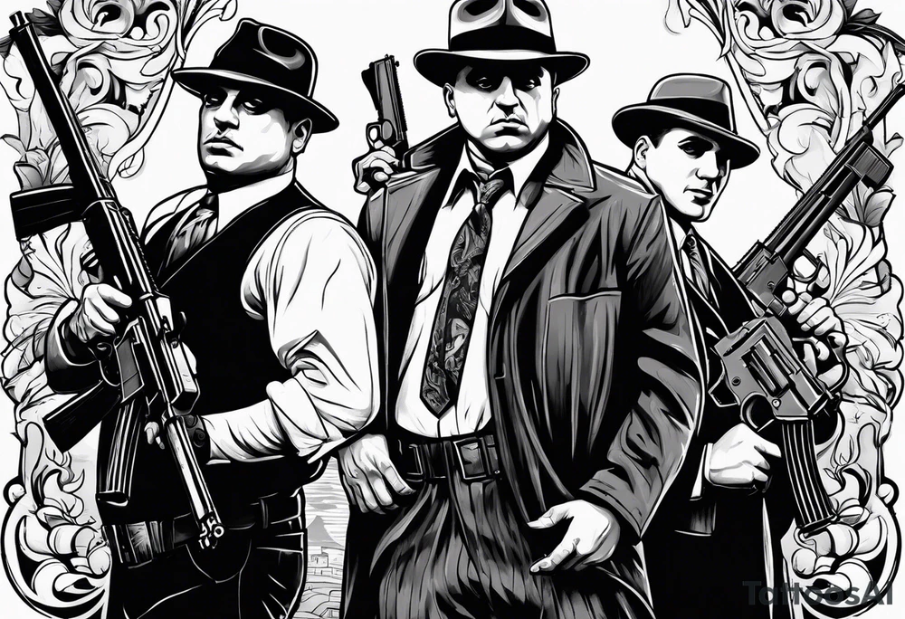group of gangsters including Al Capone and bonnie and Clyde with machine guns surrounded by smoke and fire tattoo idea