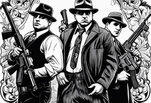 group of gangsters including Al Capone and bonnie and Clyde with machine guns surrounded by smoke and fire tattoo idea