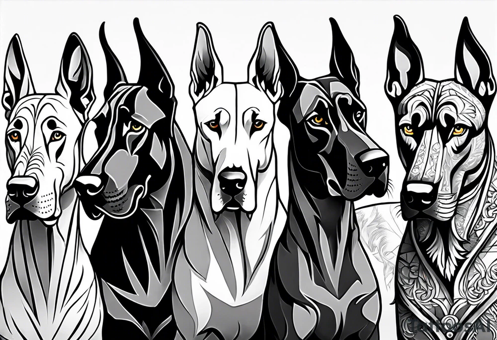 Full arm sleeve. Four Great Danes together exploring outdoors tattoo idea