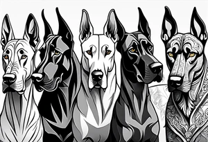 Full arm sleeve. Four Great Danes together exploring outdoors tattoo idea