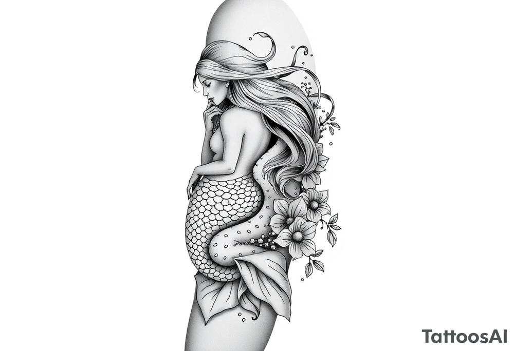 ethereal mermaid with flowing hair among coral and sea flowers tattoo idea