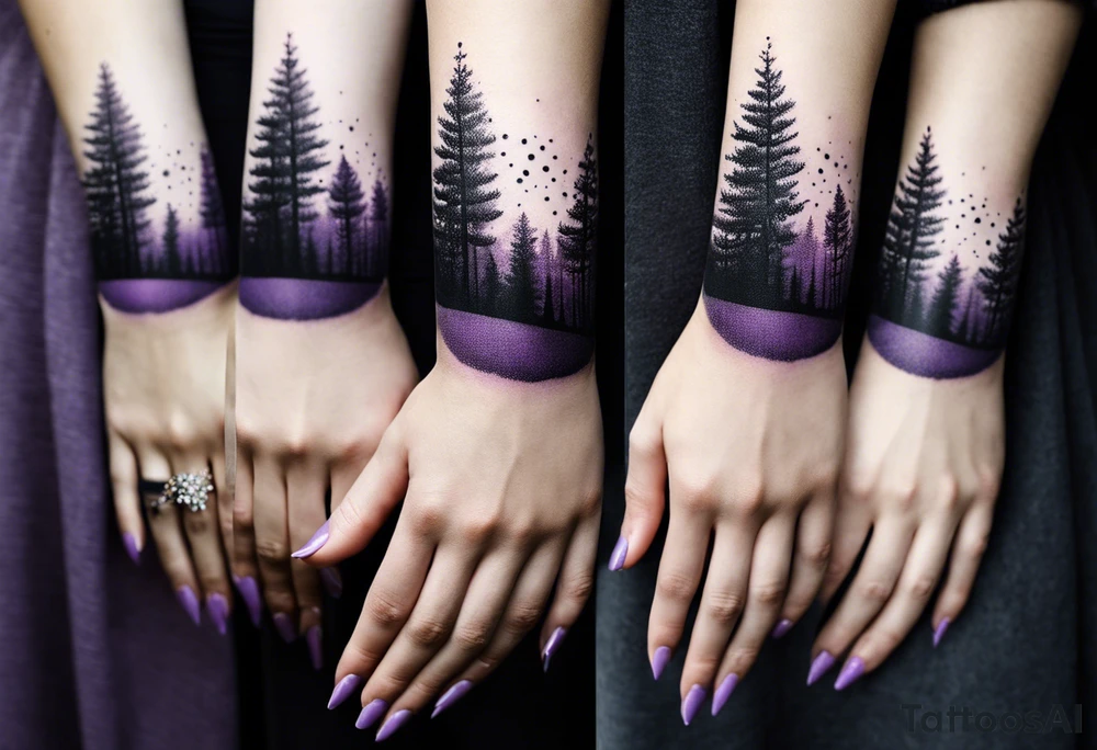 forest, abstract, on hand, no people, purple and black, full, whole wrist wrapped tattoo idea