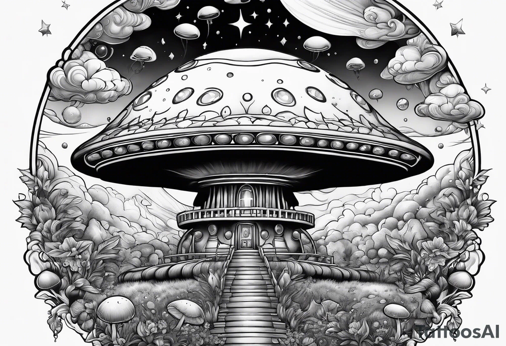 Psychedelic mushroom rocketship bursting out of bubble into spiritual realm tattoo idea