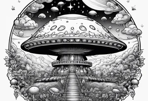 Psychedelic mushroom rocketship bursting out of bubble into spiritual realm tattoo idea