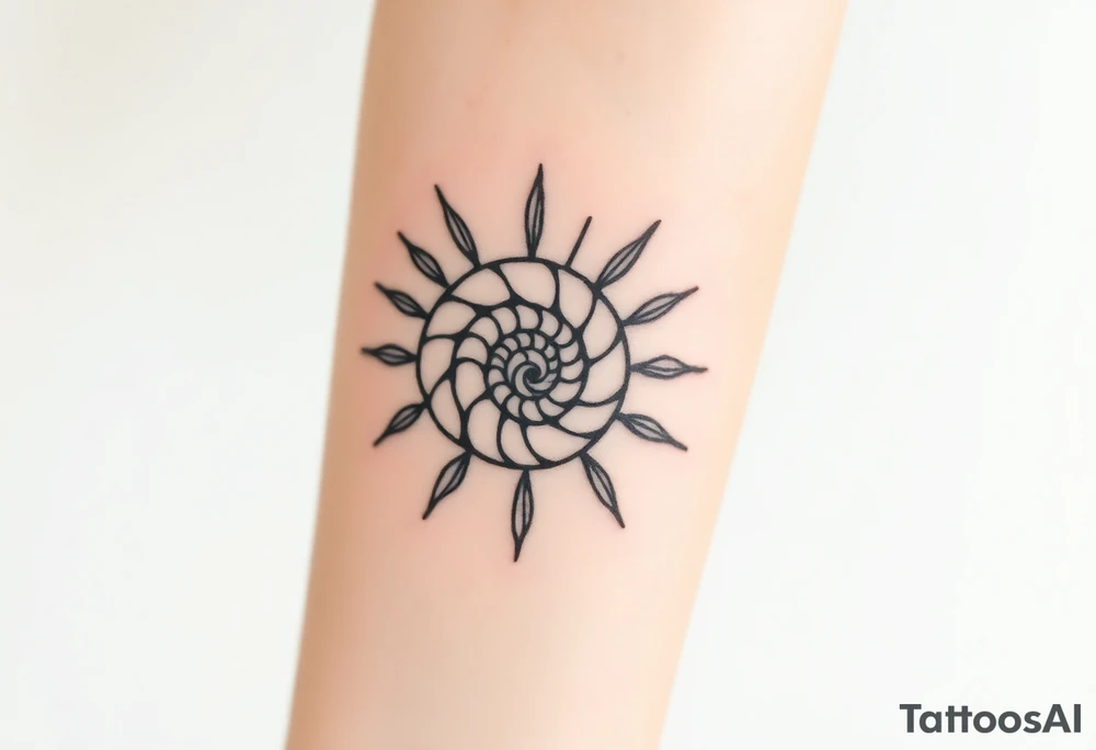 Fibonacci spiral shell inside of painted sun tattoo idea