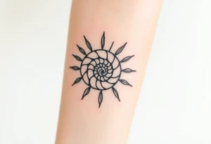Fibonacci spiral shell inside of painted sun tattoo idea