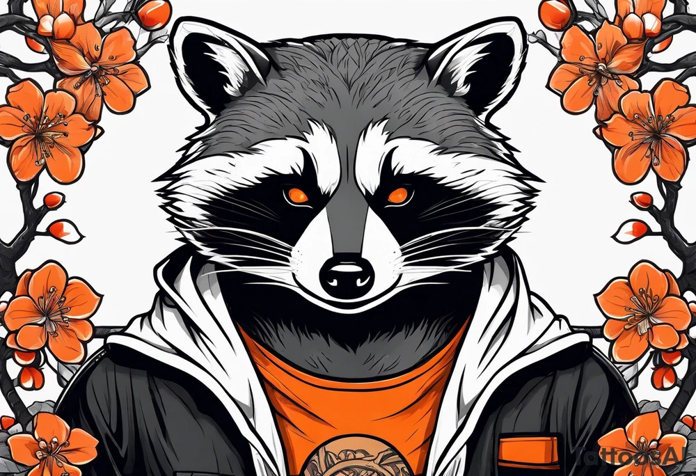 Raccoon wearing a white Superman logo on a black hoodie and orange Japanese cherry blossoms beside tattoo idea