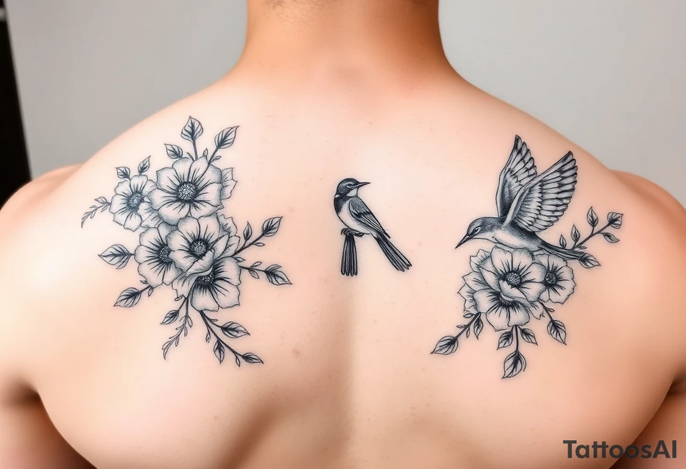 floral ornaments and birds tattoo idea