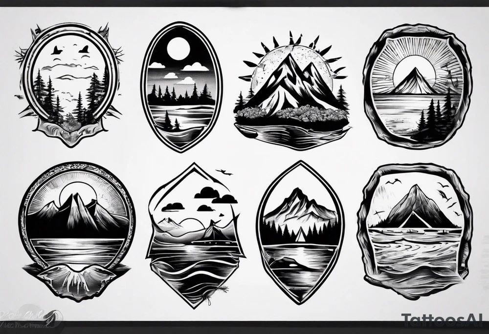 portrait tattoo with mountains, beach, waves, sunset, camping, trees tattoo idea