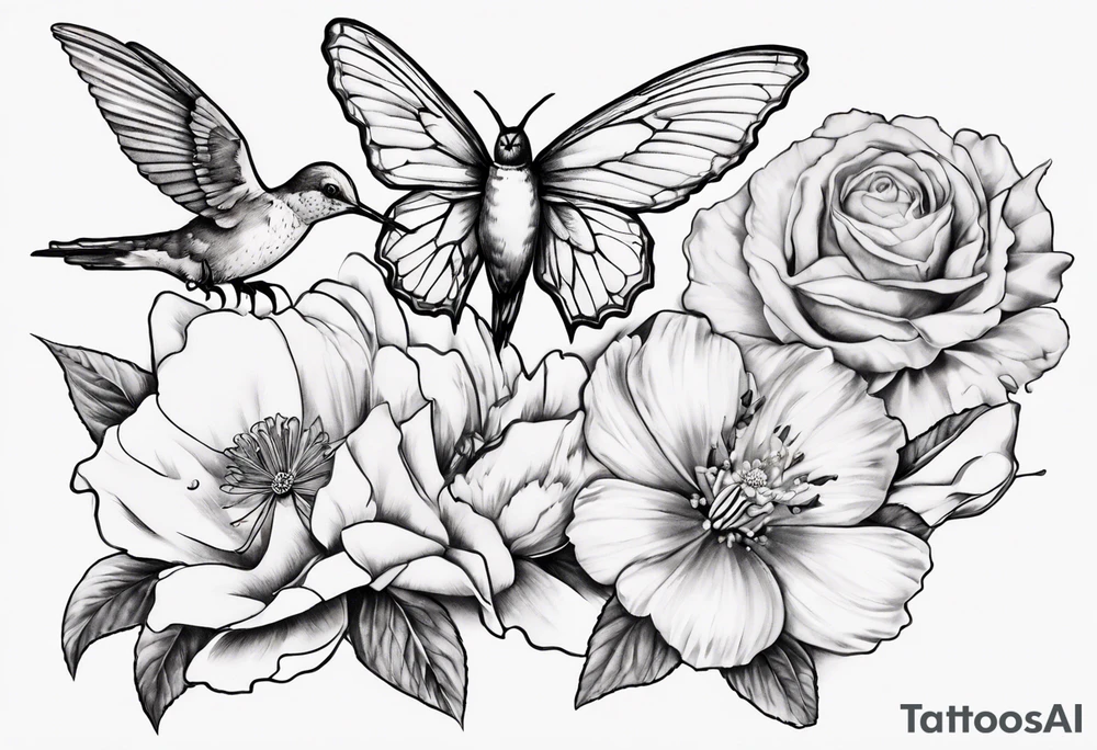 A sketch that goes down an arm of four flowers , Paperwhites flower, Peony flower, Cosmos Flower, Rose Flower, a hummingbird sucking on the rose flower and two butterflies flying. tattoo idea