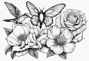 A sketch that goes down an arm of four flowers , Paperwhites flower, Peony flower, Cosmos Flower, Rose Flower, a hummingbird sucking on the rose flower and two butterflies flying. tattoo idea