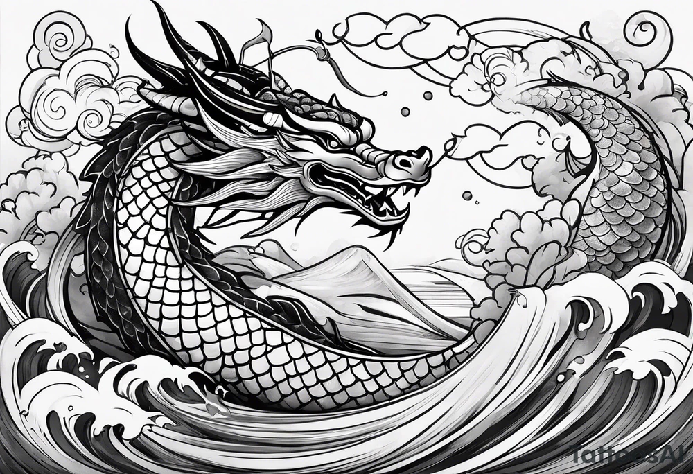 dragon and koi fish cute. face of dragon should not be fierce. should be surrounded by water or clouds tattoo idea