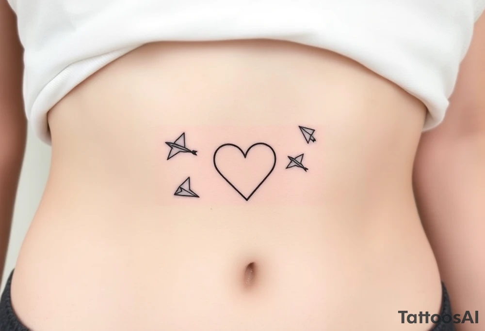 Leann going down ribs with heart and paper planes tattoo idea