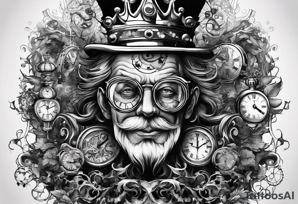a mad scientist with a crown made out of clocks tattoo idea
