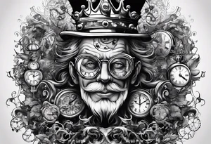 a mad scientist with a crown made out of clocks tattoo idea