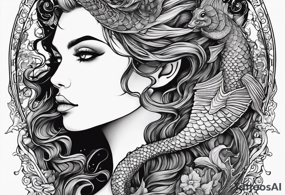Mermaid looking into eyes of seahorse, side profile. Trident, horns, scales and tattoos on skin. tattoo idea