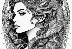 Mermaid looking into eyes of seahorse, side profile. Trident, horns, scales and tattoos on skin. tattoo idea