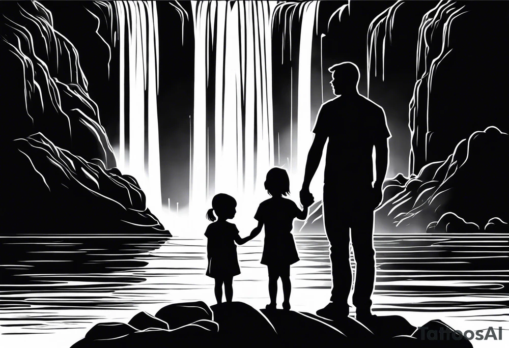 Silhouette of father standing in between daughter and younger son in front of water with reflection and waterfall with the waterfall only being blue. Everything else black and white. 6 year old daughter on one side and 2 year old son on the other side of the father tattoo idea