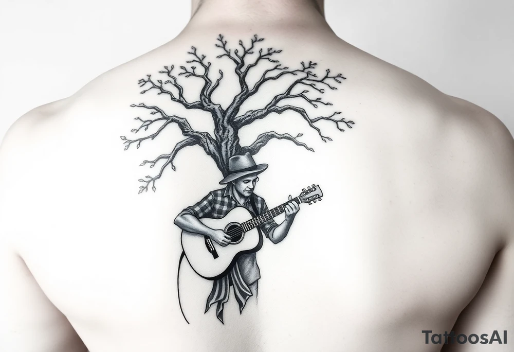 Man with hat
 playing acoustic guitar underneath tree of life concept style tattoo idea
