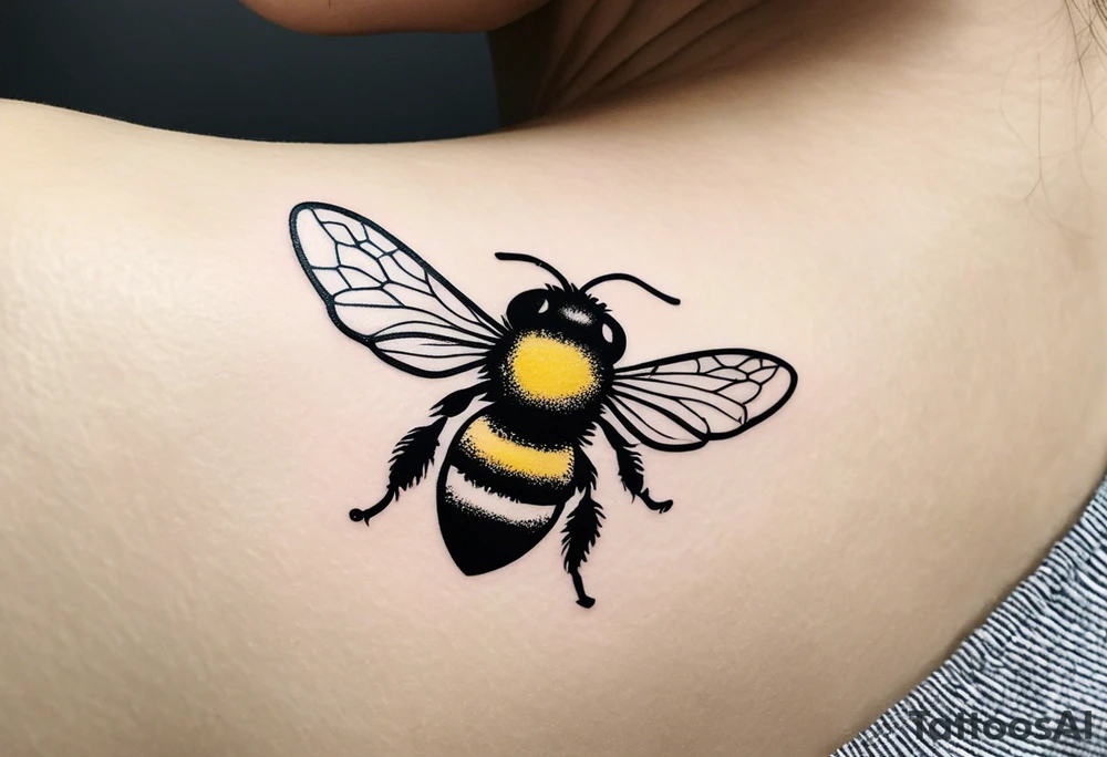 Small tattoo. There’s a hydrangea and a bee but they are not touching. Make the bee smaller than the hydrangea and have the bee off to the side. Bee is smaller than the hydrangea tattoo idea
