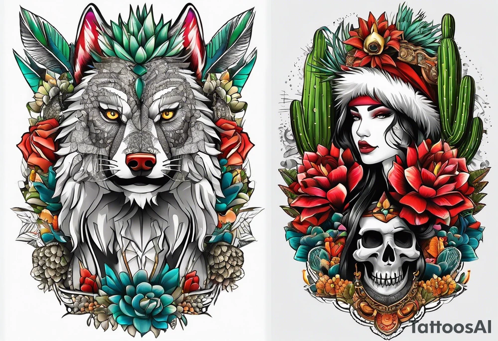 Lobo com cactos do nordeste tattoo idea
