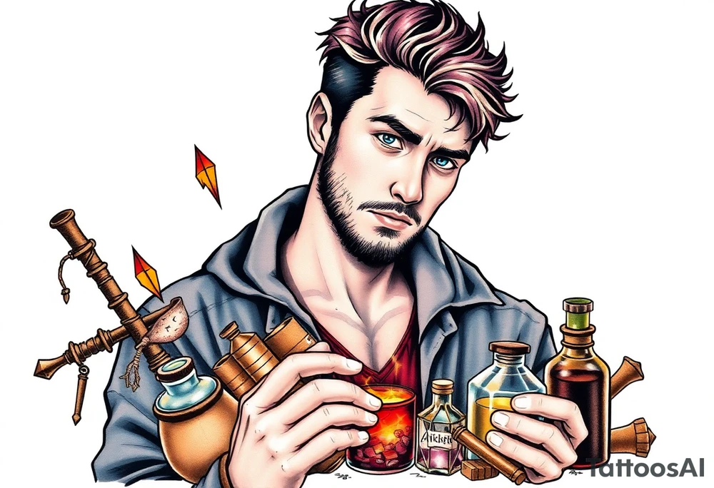 Handsome young adult guy is  accidentally stumbled upon witch tools, supplies, artifacts, potions tattoo idea