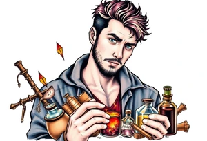 Handsome young adult guy is  accidentally stumbled upon witch tools, supplies, artifacts, potions tattoo idea