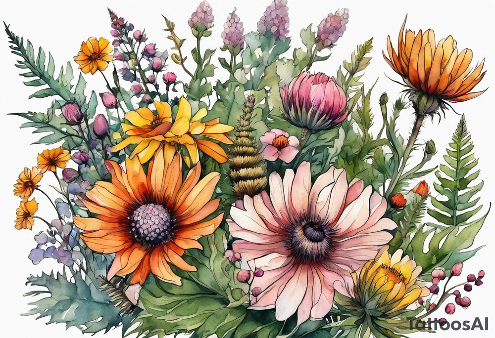 wildflowers with thistles, ferns, burnt orange flower, white flowers, pink flowers, and yellow flowers all in watercolor tattoo idea