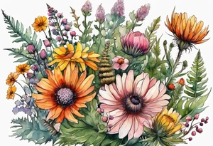 wildflowers with thistles, ferns, burnt orange flower, white flowers, pink flowers, and yellow flowers all in watercolor tattoo idea