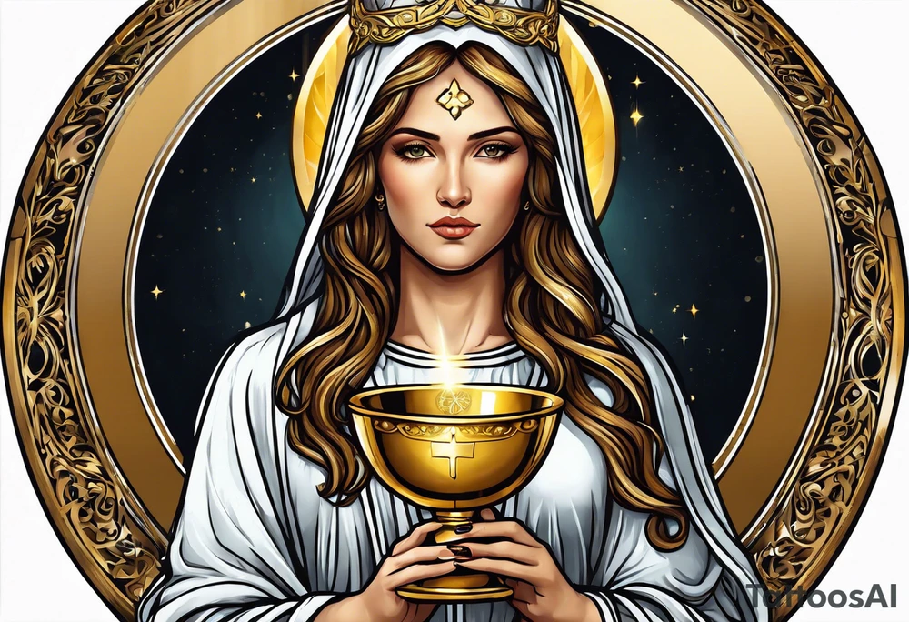 holy saint woman with golden halo holding a chalice tattoo idea