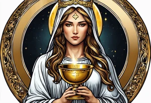 holy saint woman with golden halo holding a chalice tattoo idea