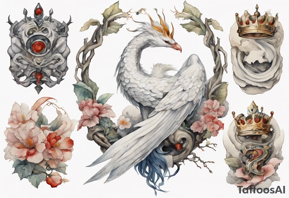 a watercolor of a white bird-serpent hybrid wearing an iron crown, perched upon a stone tattoo idea