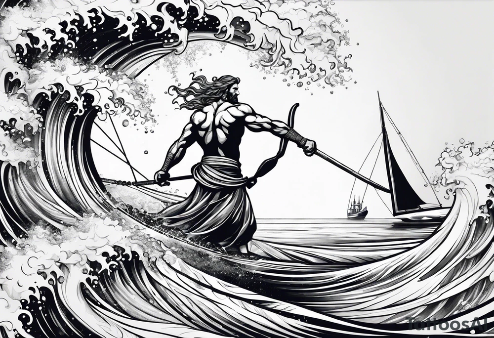 Poseidon im Vordergrund mit Windsurfer und Wellen im Hintergrund tattoo idea