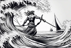 Poseidon im Vordergrund mit Windsurfer und Wellen im Hintergrund tattoo idea