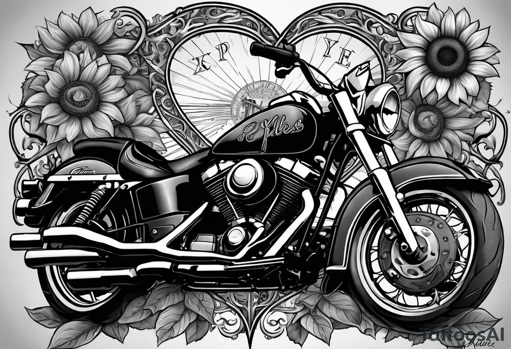 A cross with my family’s names on it names are Peter Lori Kyle and peter around Peter’s  name put a motercycle and a bear around loris name put a sunflower and a heart and around Kyle’s name put a baseball and electricity tattoo idea