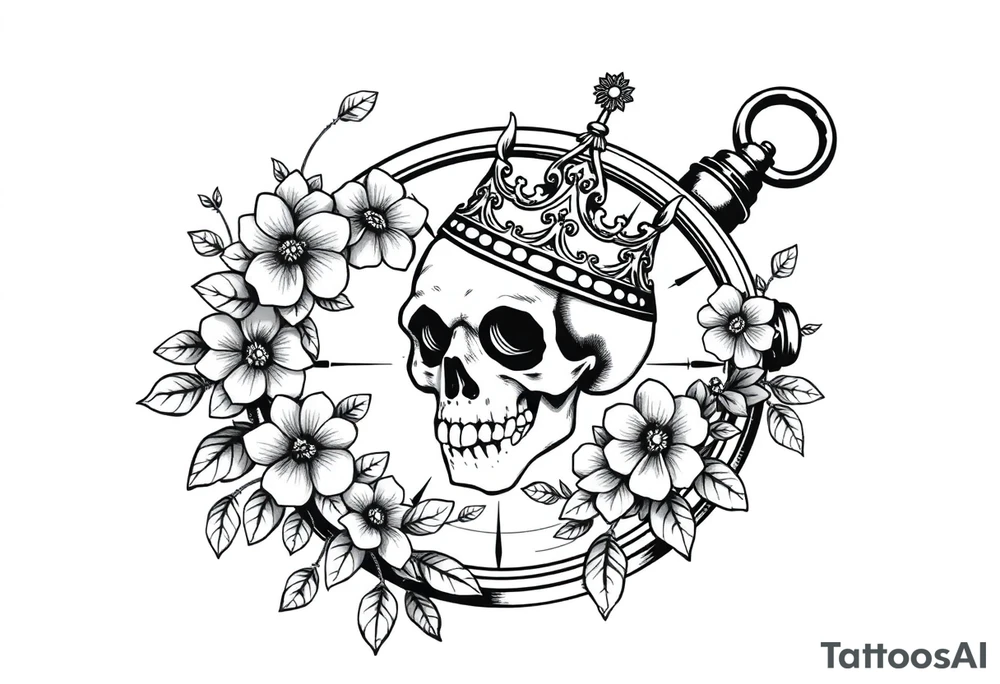 Compass with detailed beautiful gothic boho flowers on vine and skull with gorgeous crown tattoo idea