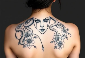 Medusa with tears snakes coming out of hair with flowers and quotes tattoo idea