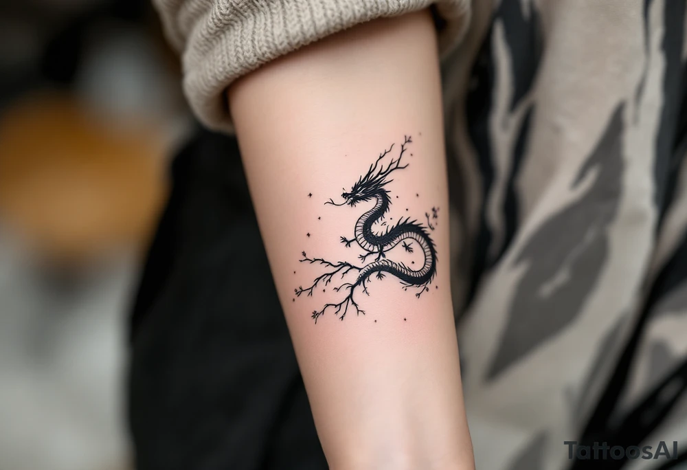 dragon japanese style sakura trees dark aesthetic tattoo idea