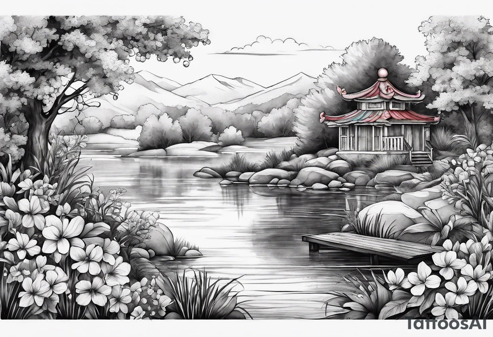 hidden garden, flowers, lake, secret place tattoo idea